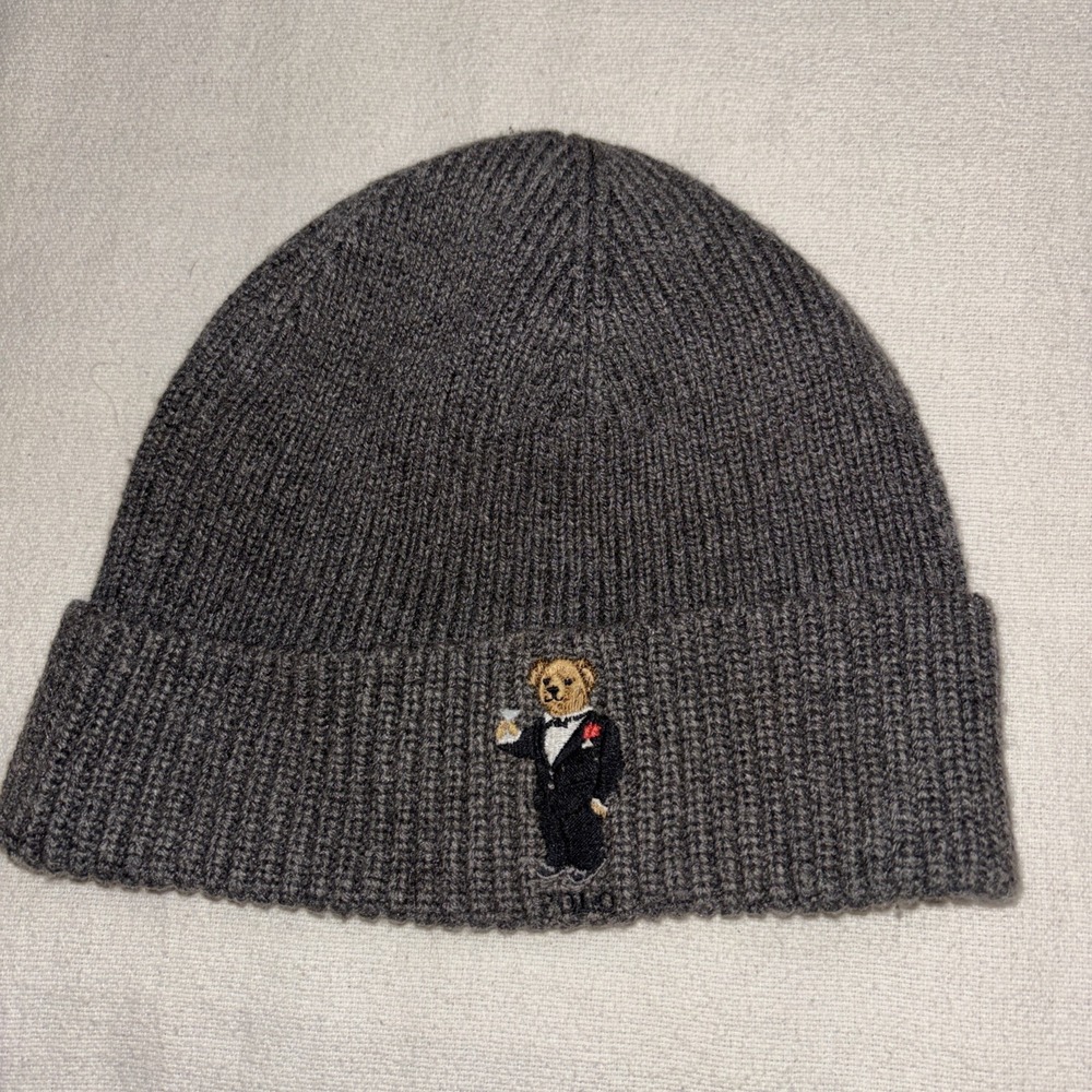 Polo Ralph Lauren Bear Knit Hat Beanie Martini Tuxedo Bear Grey Wool/ Cotton OS